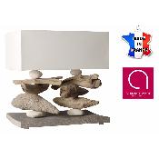 Lampe à poser 2 tiges base 40 cm - Bois vieilli, bois flotté, galets - Fabriqué à la main en France