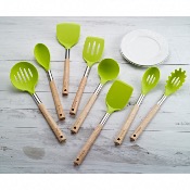 Lot 8 Ustensiles de cuisine en silicone et acier inoxydable avec poignées en bois 