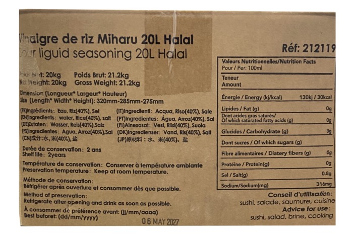 MIHARU Vinaigre de Riz Japonais pour Sushi, Salade, Saumure, Cuisine 20L/BIB