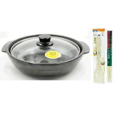 Marmite / Pot en fer diamètre 23CM avec couvercle - Ultra résistante aux hautes températures (-20° à 400°C)  - Lot avec baguettes et spatule en bambou