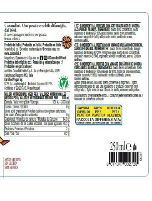 Carandini Crème de Vinaigre Balsamique à l'Orange 250ml/Bouteille