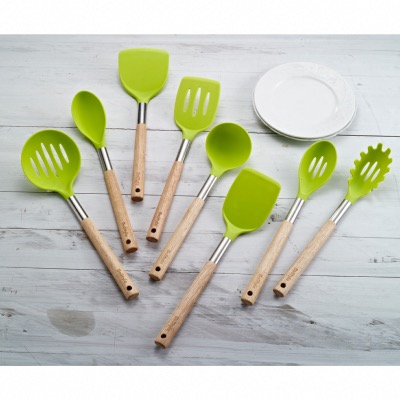 Lot de 8 ustensiles cuisine en silicone avec poignées en bois