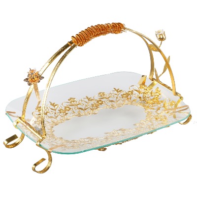 Plateau / Présentoir à gâteaux de style oriental en métal doré avec poignée et assiette en verre