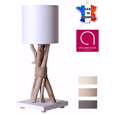 Lampe de table artisanale en bois flotté naturel - Fabriquée à la main en France - Blanc
