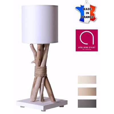 Lampe de table artisanale en bois flotté naturel - Personnalisable - Fabriquée en France - Blanc