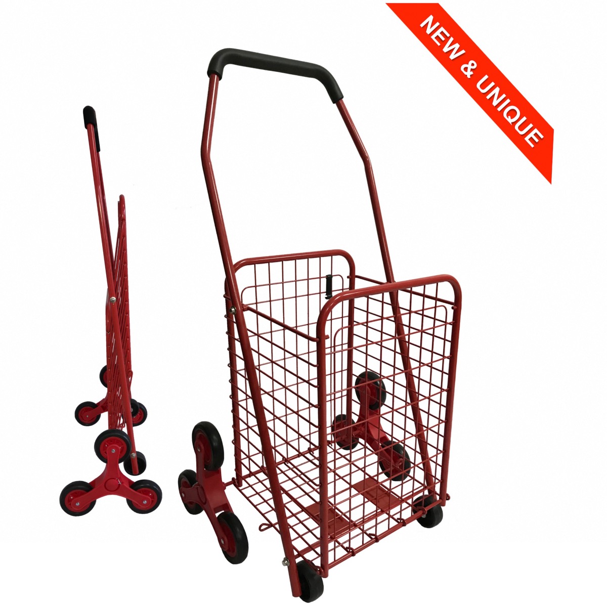 Chariot de courses en métal 8 roues - Pliable - Capacité 43L - Rouge