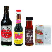 Lot de 4 ingrédients de base de la cuisine asiatique/chinoise : sauce soja, vinaigre noir, huile de sésame et un mélange de 5 épices