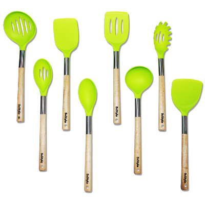 Lot De 8 Ustensiles Cuisine En Silicone Avec Poignées En Bois