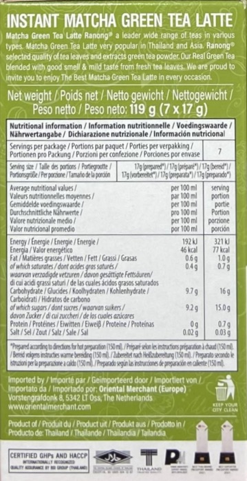 Ranong Matcha Latte Instabntabé 119g (7 x 17g)/Boite